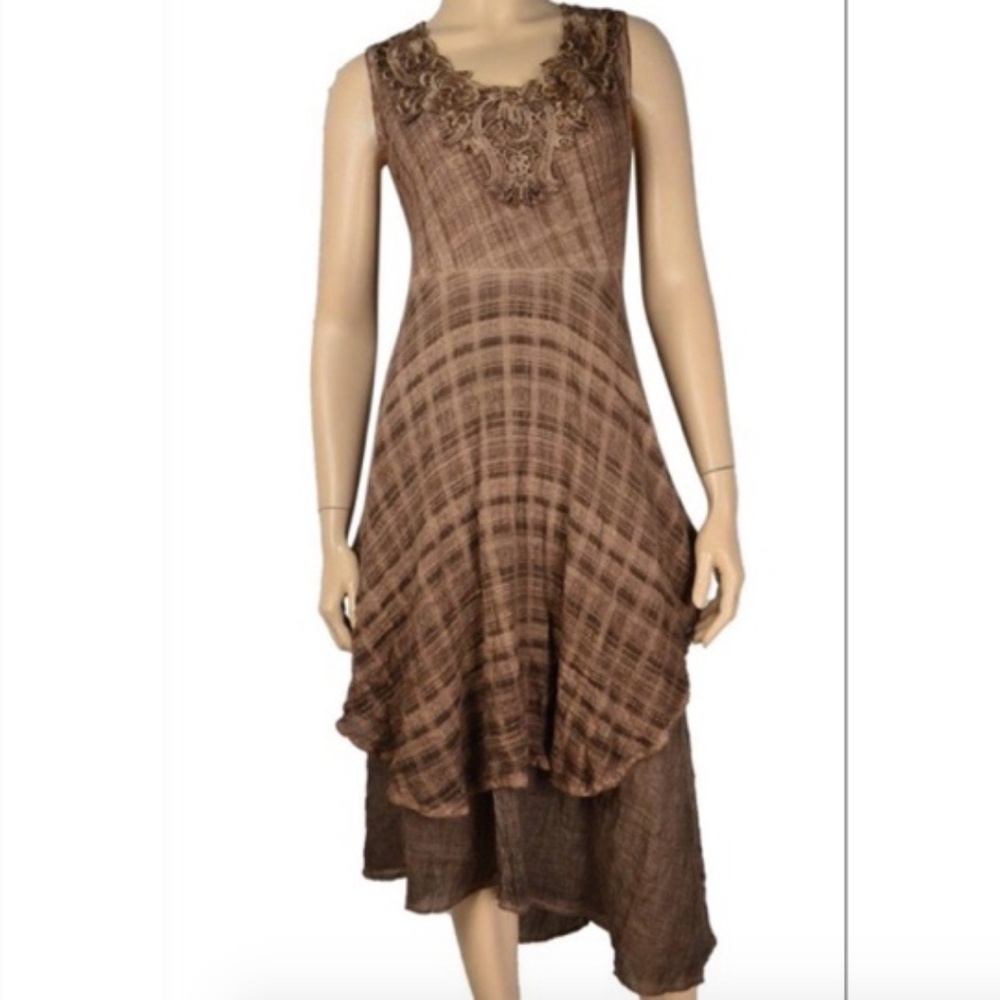 PRETTY ANGEL brown boho tartan plaid tiered dress